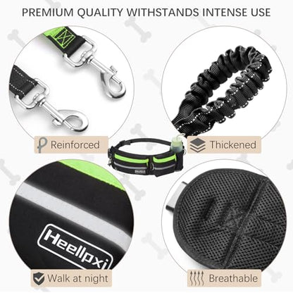 Hands-Free Waist Leash with Pouch for Two Dogs: Reflective Stitching, Dual Handle & Bungee Retractable Design – Ideal for Medium to Large Dogs (Green) – Dog Walking Accessories - color: Green
