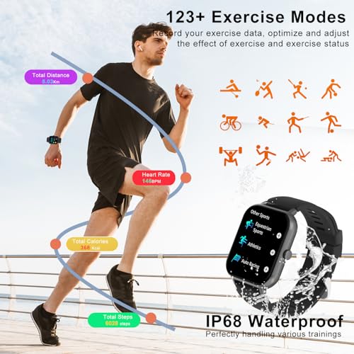 Smart Watch for Men Women Compatible with iOS Android Phone, 1.83" Full Touchscreen IP68 Waterproof Smartwatch,Fitness Tracker with Make/Recive Call 123+ Sport Modes Heart Rate/Sleep Monitor - color: 1.83"Black