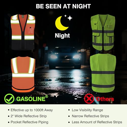 Gasoline Class 2 High Visibility Reflective Safety Vests Women & Men With 5 Pockets And Zipper Front,Meets Ansi/Isea - color: Orange Black, size: X-Small