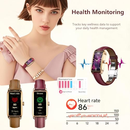 Elegant Smart Watch for Women AMOLED Fitness Tracker with Leather Band - color: Midnight Black Maple