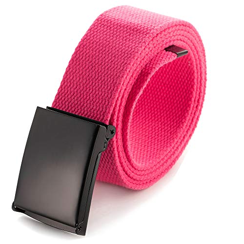 Mile High Life Cut To Fit Canvas Web Belt Size Up to 52" with Flip-Top Solid Black Military Buckle - color: 1 Pack Hot Pink