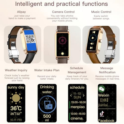 Elegant Smart Watch for Women AMOLED Fitness Tracker with Leather Band - color: Champagne Gold Velvet Black