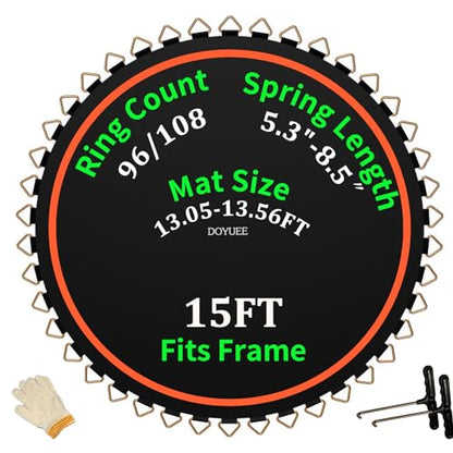 Trampoline Mat Replacement-Fits 15ft Trampline Frame with 96/108 Rings for Choose,Fits 5.3"-8.5" Springs, Mat Diameter 13.05ft-13.56ft,（Spring and Frame not Included） - style: 96 Rings & (160.4" | 13.36ft) Dia-Fits 6.5" Springs