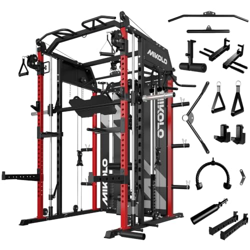 Mikolo Smith Machine with Weight Stack, Power Cage Home Gym System with LAT Pulldown & Cable Crossover, Multi-Functional Trainer with Dual Pulley System, Includes 10+ Free Attachments - color: Red