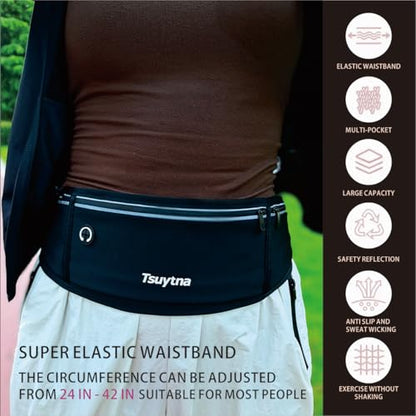 Running Belt for Women & Men - Slim Phone running belt with Water-Resistant Phone Holder, 3 pockets Adjustable Waist Strap, Reflective Safety Design for Running, Hiking, Travel，Fitness(Black) - color: Black