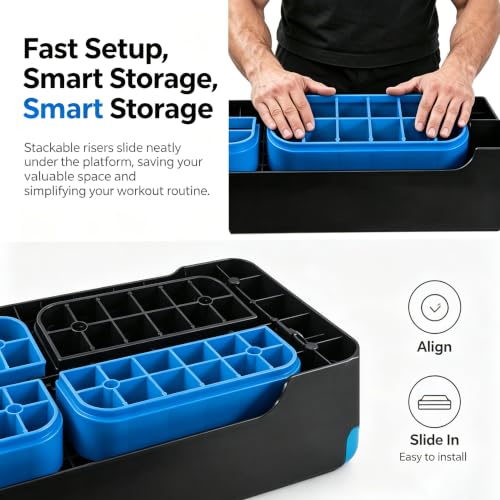 Aerobic Exercise Step Platform, 28-Inch Workout Aerobic Stepper, Height Adjustable Fitness Training Step Deck Trainer with 4 Risers, Non-Slip Surface Bench for Home Gym Cardio Strength 29" x 11.5" x 4" - color: Black-Blue