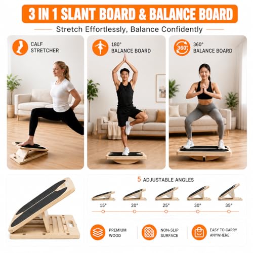 3-in-1 Adjustable Wooden Slant Board for Calf Stretching, Calf Stretcher, Slant Board for Exercise, Adjustable Incline Stretch Board, Non-Slip Squat Wedge for Legs, Ankles & Feet, 400 lbs Capacity