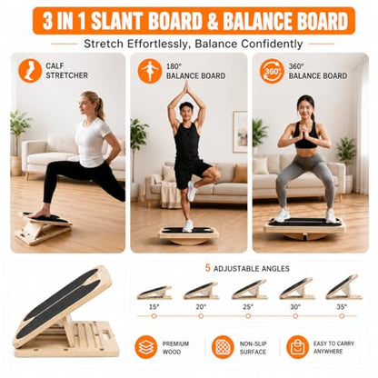3-in-1 Adjustable Wooden Slant Board for Calf Stretching, Calf Stretcher, Slant Board for Exercise, Adjustable Incline Stretch Board, Non-Slip Squat Wedge for Legs, Ankles & Feet, 400 lbs Capacity