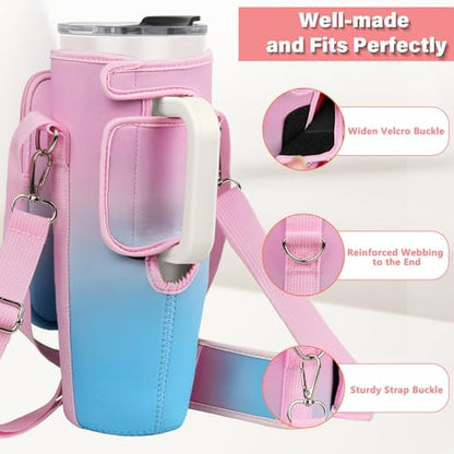 LEFOR·Z Water Bottle Carrier Bag with Phone Pocket Compatible with Stanley/Meoky 40 oz Tumbler with Handle,Water Bottle Holder Pouch with Adjustable Strap Compatible with Stanley Cup Accessories - color: Pink-Blue Gradient-Style B