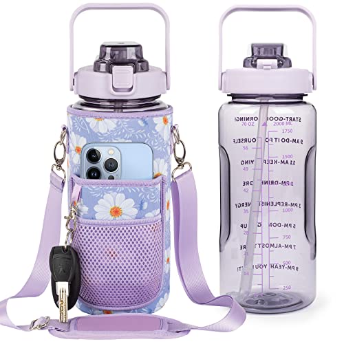 Half Gallon Water Bottle with Sleeve, 64OZ Motivational Water Bottle - color: Lavender
