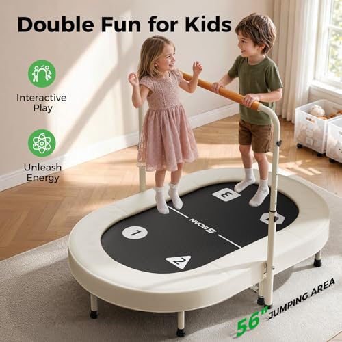 BCAN BT6 56" Double Mini Trampoline for Kids, Foldable Indoor, Handlebar - color: Beige