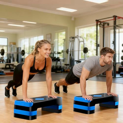 Non-Slip 27 Inch Aerobic Exercise Step Platform 4"-6"-8" Height Adjustable Risers for Home Gym Cardio Training Fitness Workout Stepper Trainer - color: Blue