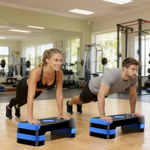 Non-Slip 27 Inch Aerobic Exercise Step Platform 4"-6"-8" Height Adjustable Risers for Home Gym Cardio Training Fitness Workout Stepper Trainer - color: Blue
