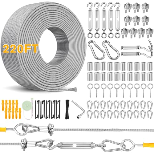 220FT 1/8" Wire Rope Kit - 304 Stainless Steel Cable with Turnbuckles for Cables Wire, Vinyl Coated Hanging Wire for Outdoor String Lights, Camping, Garden Trellis, Hanging Clothes, Pictures, Curtain - size: 3MM*67M