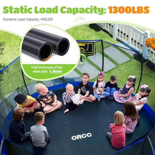 ORCC 16 15 14 12 10 8FT Kids Trampoline, 1300LBS Weight Capacity Trampoline with Basketball Hoop Water Sprinkler Spiral Ground Stakes Outdoor Yard Trampolines for Kids Adults