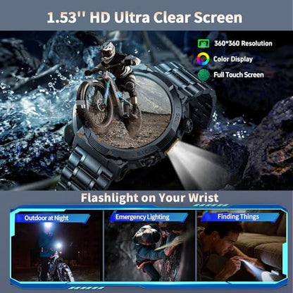 Smart Watches for Men (Answer/Make Call), 1.53" HD Military Smartwatch, 50+ Days Extra-Long Battery Life Fitness Tracker, Flashlight/110+Sports/Heart Rate/Sleep Monitor/IP68 Waterproof Android iOS - color: Black Pro