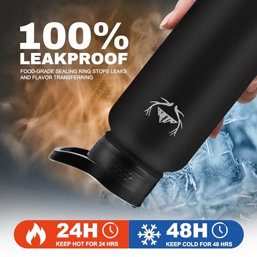 NATURE PIONEOR 32 oz Insulated Water Bottle with Carrier Bag & 3 Lids - color: Black, size: 32 Ounces