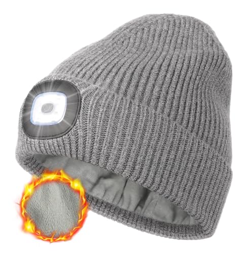 MELASA Winter Fleece Lined Beanie with The Light, Warm Gifts for Men Dad - color: Grey