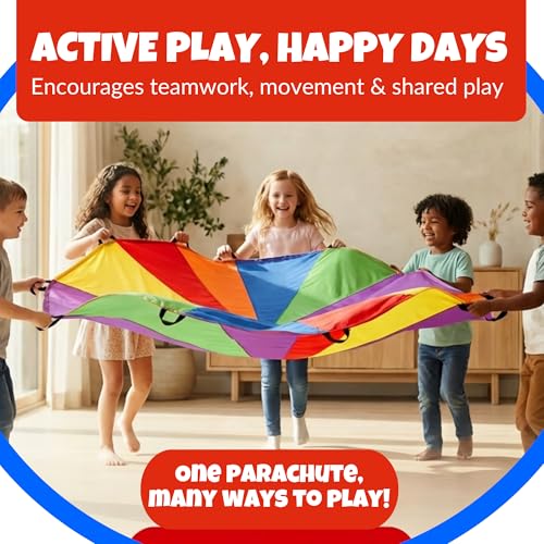 Activejoy - Parachute for Kids - 8ft /12ft / 16ft / 20ft / 24 ft / 30ft - Rainbow Parachute Toy with Handles - Great for Gym Class, Field Day & Outdoor Games - size: 8FT - 8 HANDLES
