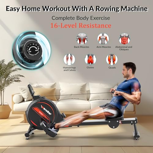 WENOKER Rowing Machine, Magnetic Rowing Machine for Home, Upgraded 32-Levels Resistance with Smart Electronic Knob, 350 LBS Weight Capacity, Compact Rower Machine Easy Assembly. - color: Black Red