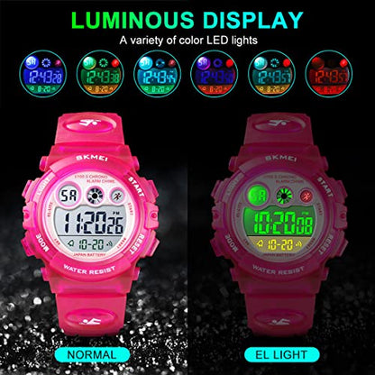GOLDEN HOUR Watches for Kids Digital Sport Waterproof Boys Girls Watch Outdoor 12/24 H Alarm EL Backlight Stopwatch Military Child Wristwatch Ages 3-15 - color: Rose/Red