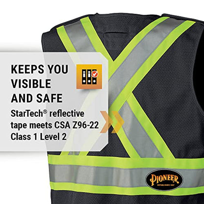 Pioneer Hi Vis Tear-Away Mesh Back Safety Vest for Men - Reflective Tape, 4 Pockets - Construction, Traffic, Security - Black - color: Black, size: X-Large