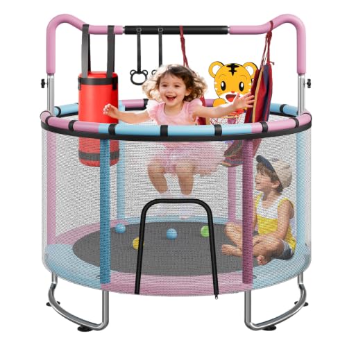 55/60" Trampoline for Kids, 4.5/5 FT Toddler Trampoline with Enclosur Net, Basketball Hoop & Sandbag, 440 LBS Capacity, Adjustable Height，Gifts for Ages 3-12 Boys & Girls - color: Pink-Blue, size: 59x59x63 IN