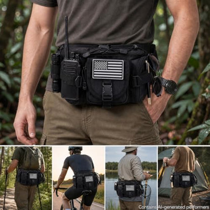 Tactical Fanny Pack for Men Women, Large Waist Packs with 5 Zipper Pockets, Adjustable Strap Hip Belt Bag for Outdoor Hiking Fishing Running Traveling, Crossbody Bumbag with Patch - Black - color: Black