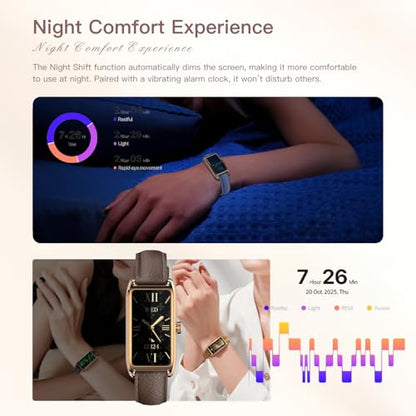 Elegant Smart Watch for Women AMOLED Fitness Tracker with Leather Band - color: Midnight Black Maple