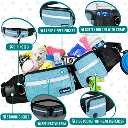 PetAmi Hands Free Dog Leash, Dog Running Leash Belt Bag for Walking, Jogging, Dog Waist Double Zipper Pouch with Poop Bag Dispenser, Dual Padded Handles Reflective Bungee Leash, Single (Turquoise) - color: Turquoise, size: 1 Leash