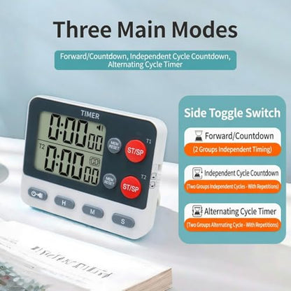 Digital Dual Kitchen Timer, 2 Channels Count UP/Down Kitchen Timer for Cooking, Large Display Cooking Timer with Magnetic Back, Loud Volume Alarm and Flashing Light, Battery Included - color: Black/Red