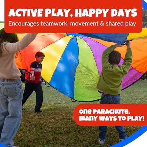 Activejoy - Parachute for Kids - 8ft /12ft / 16ft / 20ft / 24 ft / 30ft - Rainbow Parachute Toy with Handles - Great for Gym Class, Field Day & Outdoor Games - size: 16FT - 18 HANDLES