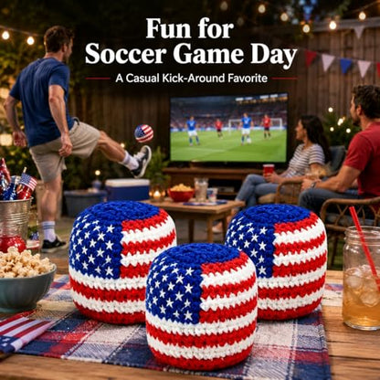 USA Flag Handmade Footbag 3 Pack, Crochet Kick Balls for Outdoor Games