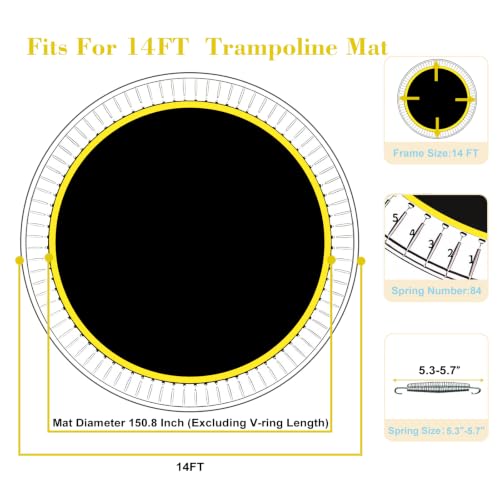 Trampoline Replacement Mat for 14 FT, Fit 72/84/96V, Use 5.3-9.0 Springs - size: 14FT-84V-Rings-5.3-5.7"Spring-150.8"Diam