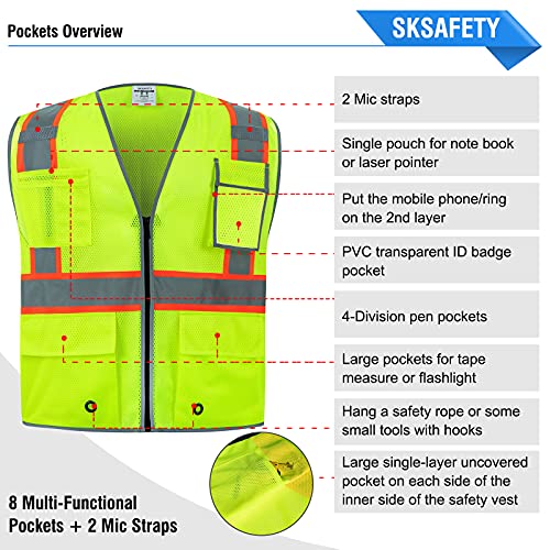 SKSAFETY 10 Pockets Safety Vest, Class 2 High Visibility Security with Zipper Double-sided mesh, Hi Vis Vest with Reflective Strips, ANSI/ISEA Standard, Construction Work Vest （Lime, XL） - color: Yellow Mesh, size: X-Large