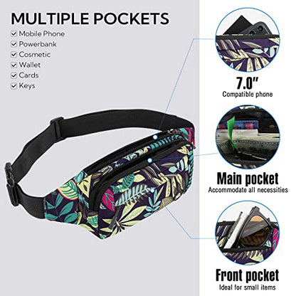 WATERFLY Fanny Pack Waist Bag: Small Hip Pouch Bum Bag Fannie Pack Phanny Fannypack Waistpack Bumbag Beltbag Sport Slim Fashionable for Jogging Hiking Hiker Woman Man - color: Blue Leaves