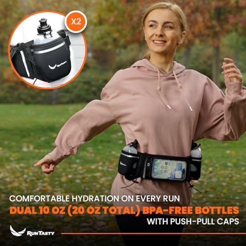 No.1 Hydration Belt by Runtasty - Premium Running Fuel Belt w/2 BPA-Free 10 oz Water Bottles, Tilt-Up Pocket w/Touchscreen-Ready Cover - Fits All iPhones, Runners Ebook & No-Bounce Design - color: Stylish Black