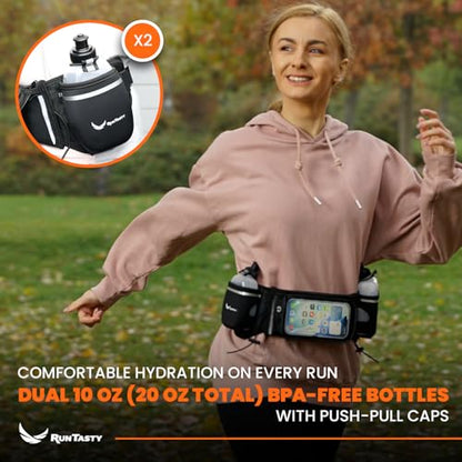 No.1 Hydration Belt by Runtasty - Premium Running Fuel Belt w/2 BPA-Free 10 oz Water Bottles, Tilt-Up Pocket w/Touchscreen-Ready Cover - Fits All iPhones, Runners Ebook & No-Bounce Design - color: Stylish Black