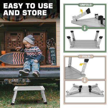 Adjustable RV Step Stool, Wide Platform, Foldable Legs, Silver - color: Silver