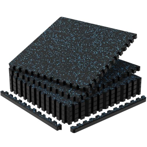 1'' Thick 24 Sq Ft Protective Gym Flooring for Home Gym, 6 Tiles Extra-Thick Rubber Top with High Density EVA Foam, Interlocking Exercise Equipment Mats, Heavy Weight Workout, Black & Blue - color: Black/Blue, size: 24 Sq Ft (6 Tiles)