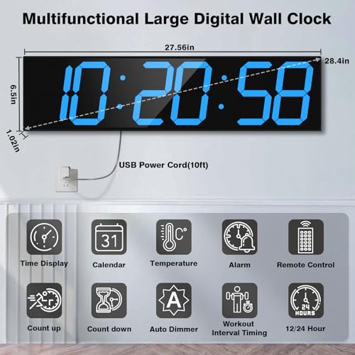 CHKOSDA Digital Wall Clock with Large Display, 28.4‘’LED 6-Digit Large Clock with Adjustable Brightness, Multifunction Digital Timer with Countdown and Stopwatch (Blue) - color: Blue