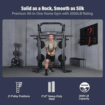 Major Fitness Drone2 Advanced Training Smith Machines– All-in-One Home Gym Squat Rack with Aluminum Pulley Set , Weight Bar, Dual LAT Pull-Down Systems & Cable Crossover Machine for Full-Body Workouts - style: SL D2AW Package(with BK Elite Bench+230lb)