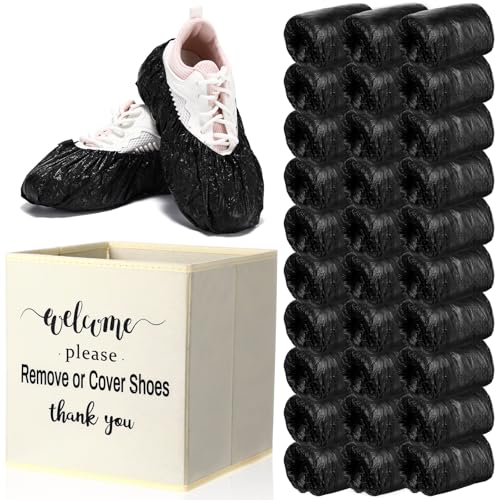 Unittype 300 Pcs Black Disposable Waterproof Shoe Cover with 1 Pcs Beige Indoor Foldable Storage Box Welcome Please Remove or Cover Shoes Sign for House, Fit up to Size 11 Us Men and 13 Us Women - color: Black,beige, size: 5.9 x 15.7 Inches