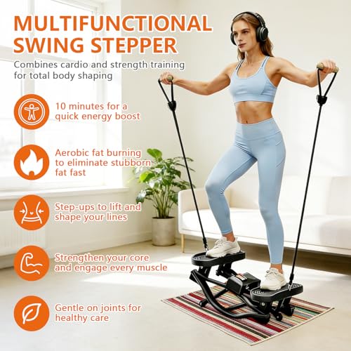 Mini Stepper, 3D Motion Rocking Steppers for Exercise at Home, Low-Impact Lateral Stair Stepper with Resistance Bands & Floor Mats, Digital Display Tracks Time Reps Calories, Full Body Workout