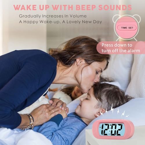 Plumeet Kids Alarm Clock Large Digital LCD Travel Alarm Clocks with Snooze and Night Light - Ascending Sound and Handheld Size - Best Gift for Kids (Baby Pink) - color: Baby Pink