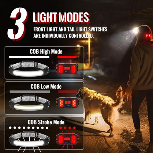 Adelante LED Headlamp Flashlight, 1000LM 230Wide-Beam USB Rechargeable Head Light with Taillight(Individual Control) & 8 Clips Waterproof Headlight Headlamps for Running and Camping (2 Pack, Black) - color: Black, size: 2 pack