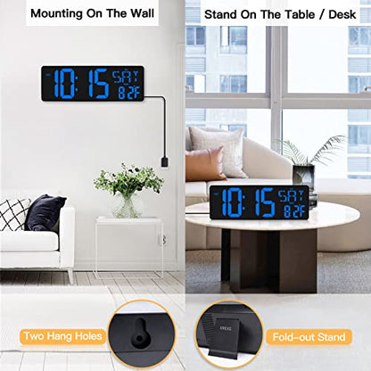 XREXS 17.2 Inch Large Digital Wall Clock with Remote Control - color: Blue