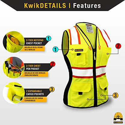 KwikSafety FIRST LADY Safety Vest for Women Class 2 ANSI OSHA Hi Vis Vest - color: Yellow, size: X-Small