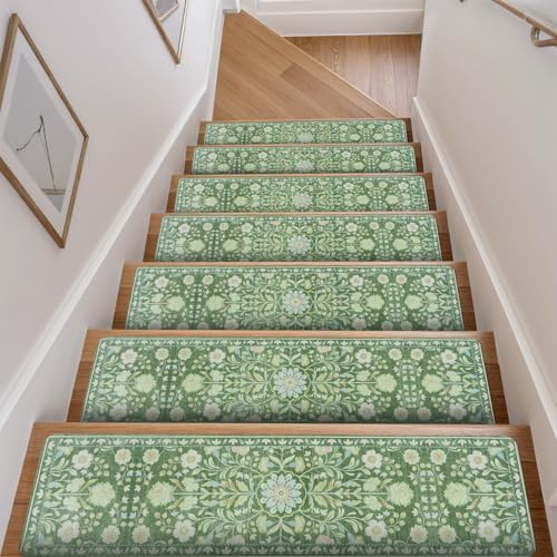 OJIA Stair Treads Non Slip Stair Runners for Wooden Steps 15PCS 8"x30" - color: Green-floral, size: 15PCS