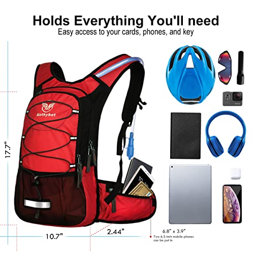 Mothybot Hydration Pack, Insulated Hydration Backpack with 2L BPA Free Water Bladder and Storage, Hiking Backpack for Men, Women, Kids for Running, Cycling, Camping - Keep Liquid Cool up to 5 Hours - color: Red